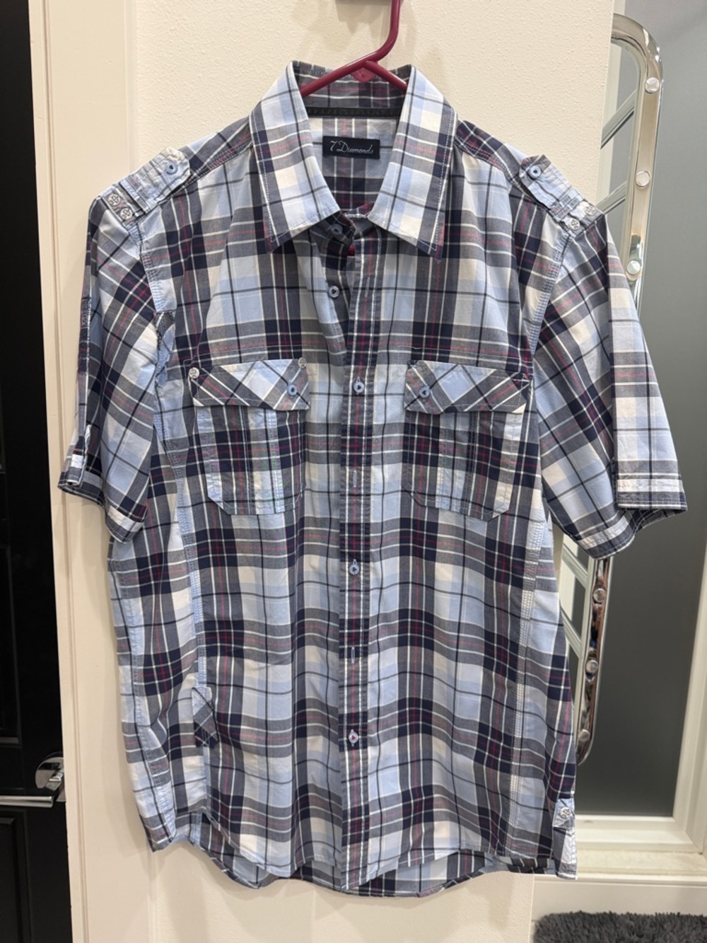7 Diamonds Light Blue and Navy Plaid Short-Sleeve Button-Down Shirt